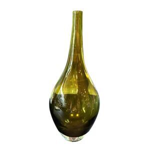 VTG MCM Green Glass Teardrop Vase, Handblown Art Glass - Excellent Condition